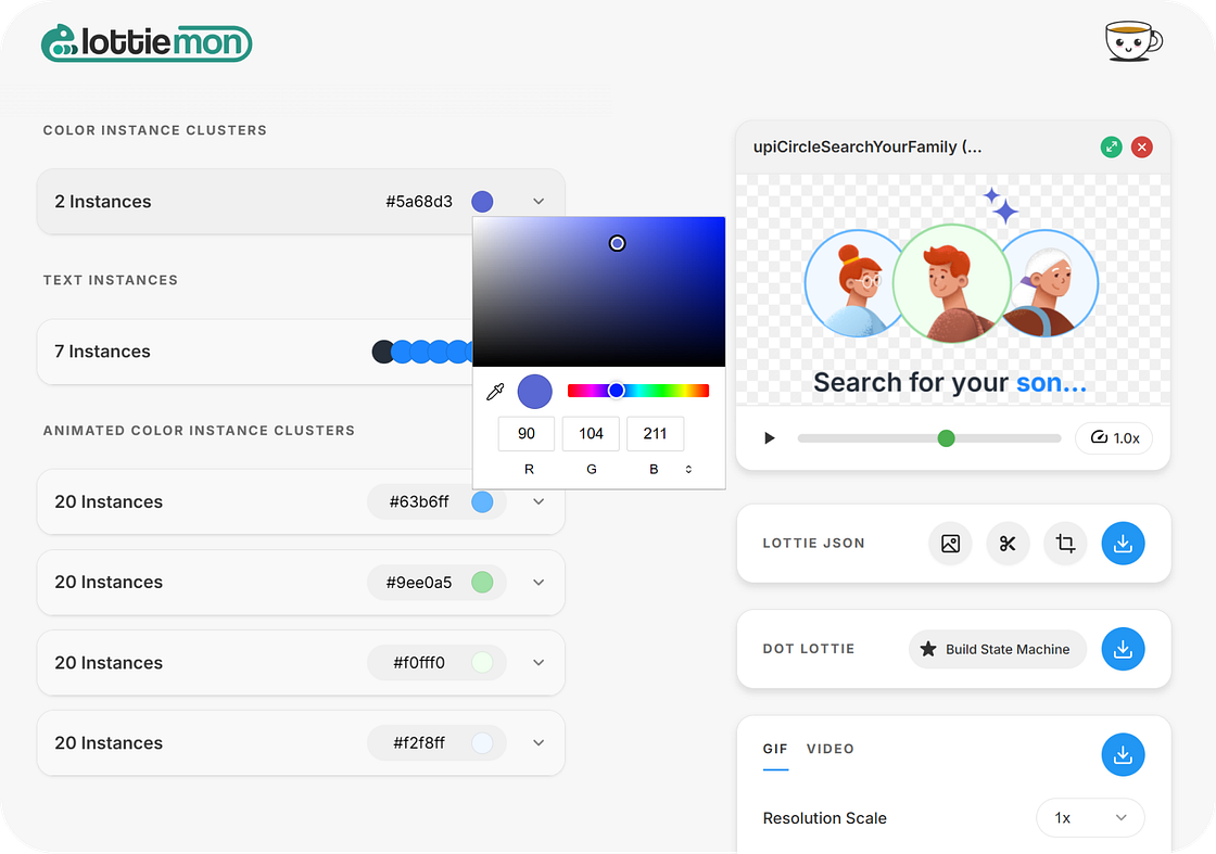Lottiemon colour instance clusters with a colour picker and live preview